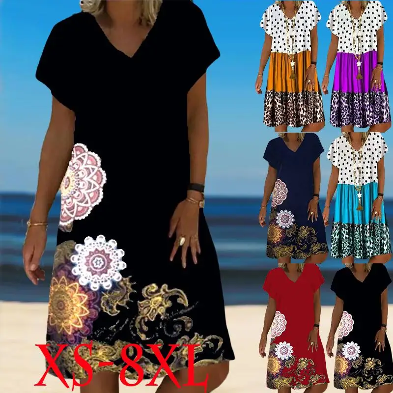 

Women's New Summer Casual Loose Blossom Dress Printed V-Neck Short Sleeve Dress Fashion Plus Size Party Dress XS-8XL