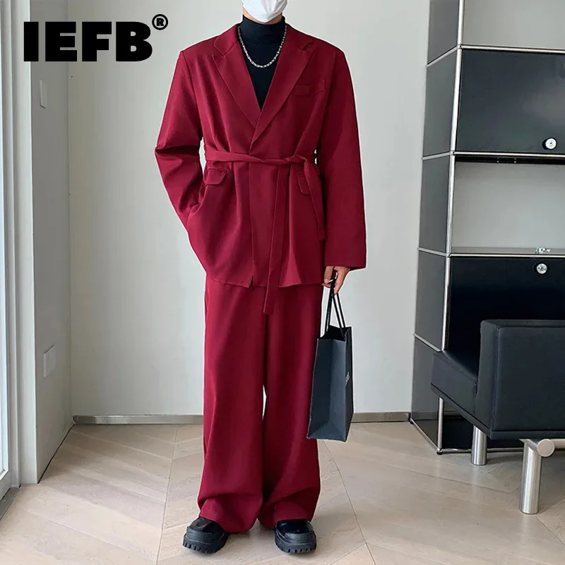 

Модные мужские костюмы IEFB в Корейском стиле из двух частей, Красивые свободные блейзеры, повседневный мужской костюм, трендовый комплект на шнуровке 9C2853