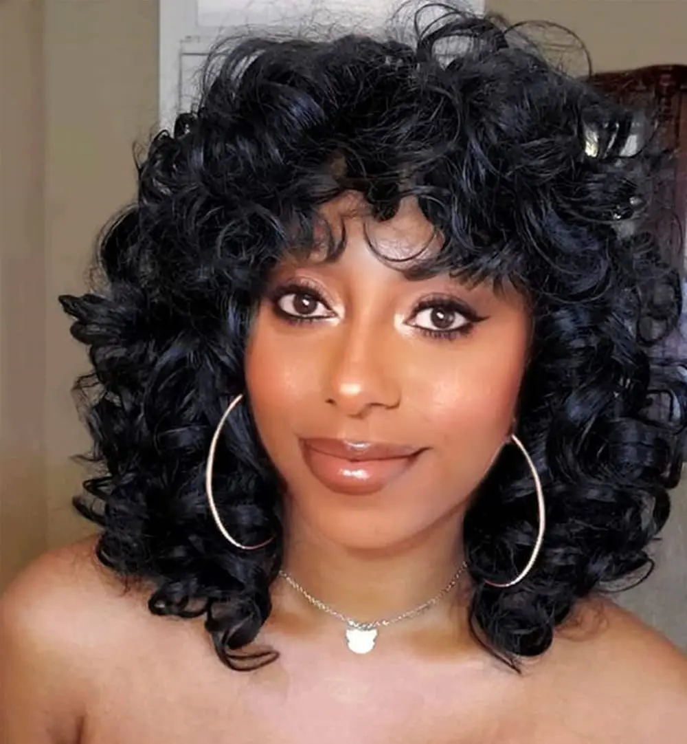 

16''Short Hair Afro Kinky Curly Wig With Bangs For Black Women Cosplay Lolita Synthetic Glueless Brown Mixed Blonde Braid Wigs