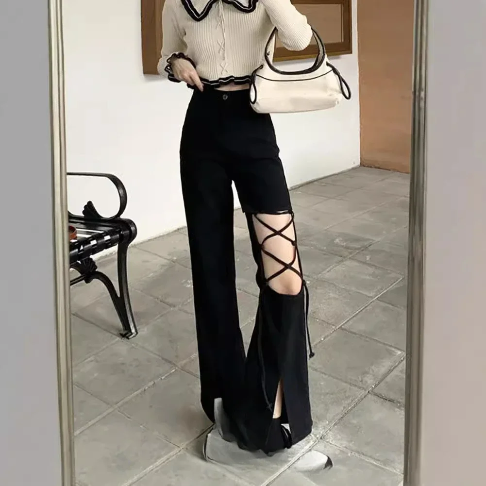 Черные джинсы с микро-пульсами летние новые полые дизайнерские тонкие брюки Spice