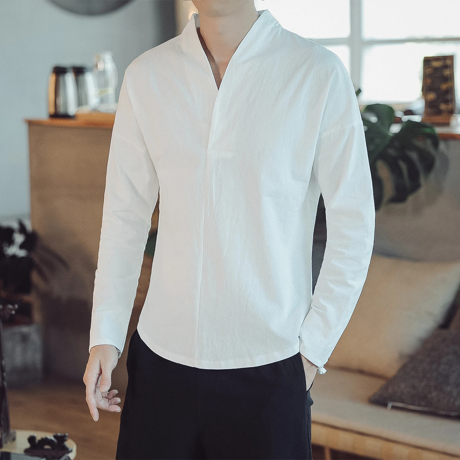 

M-5XL Plain Color Autumn Long Sleeve Traditional Chinese Blouse V-Neck Traditional Chinese Clothing For Men Shirt Male XXXXXL