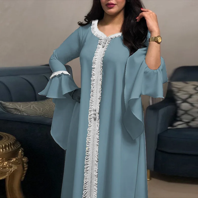Elegant style style long dress 2023 new ruffle sleeve embroidered gold lace dress jalabiya Muslim woman