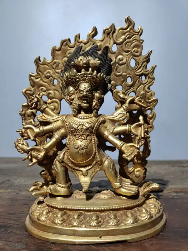 

8"Tibet Temple Collection Old Bronze Cinnabar Mud gold Hayagriva Six Arms Mahakala Buddha Backlight Worship Hall Town house