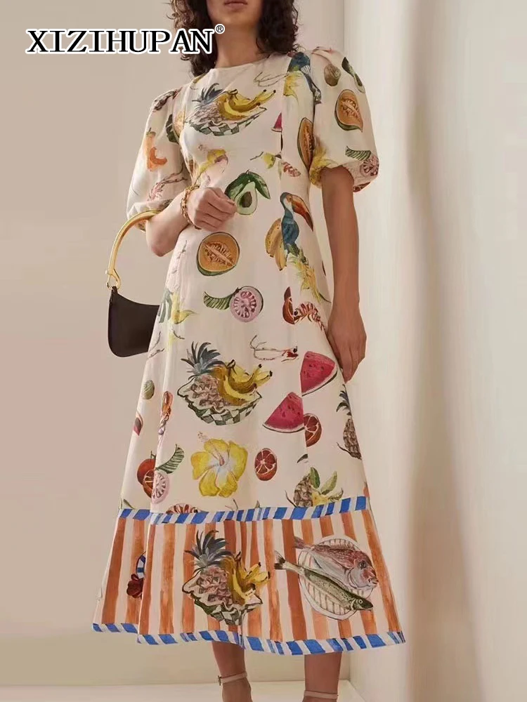 

XIZIHUPAN Hit Color Dresses For Women Round Neck Puff Sleeve High Waist Printing Casual Dress Female Fashion Style Clothing New