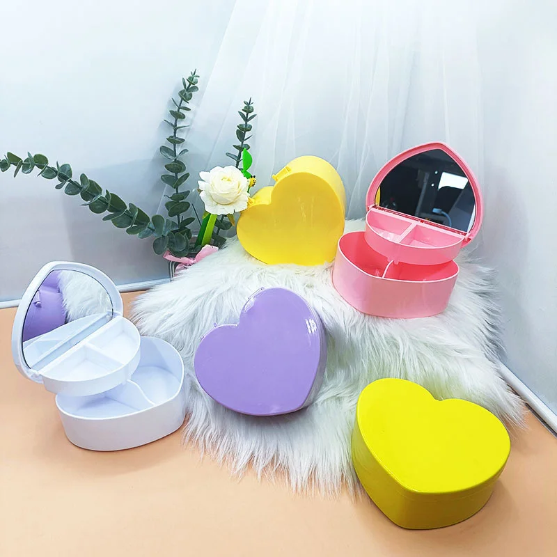 

2023 new solid color double layer with mirror big heart-shaped storage box children's handmade DIY jewelry box wholesale