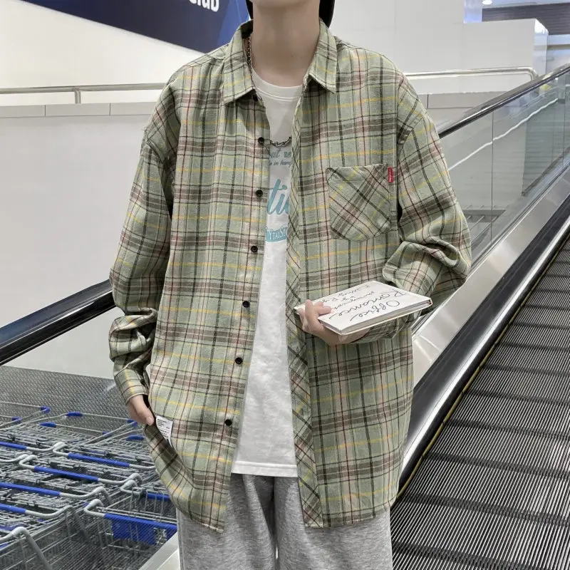 

Рубашка Мужская Фланелевая в клетку, Повседневная модная уличная одежда, топ оверсайз в Корейском стиле, винтажная блуза, весна