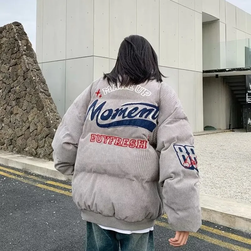 Retro Corduroy Thick Parka Coat Loose Women Winter Fashion Street Hip-Hop Letter Printing Warm Oversized Jacket Harajuku Y2K
