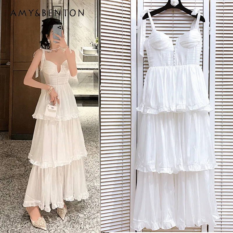 

Женское элегантное белое платье макси на бретелях, женское летнее длинное платье в Европейском стиле, французское платье без рукавов для женщин