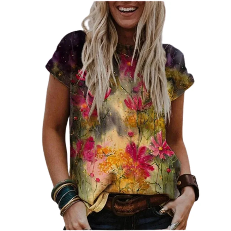 

2022 Bohemian 3D Floral Print T-shirt Women O Neck Short Sleeve Loose Casual Blouse Female Streetwear Plus Size 4XL 5XL