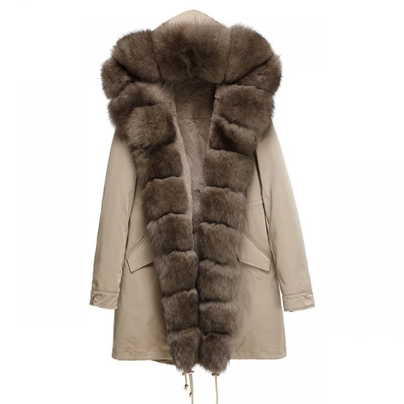 Winter women's long parka commuting style waterproof fabric. A combination of natural fox fur collar and rex rabbit fur real fur enlarge