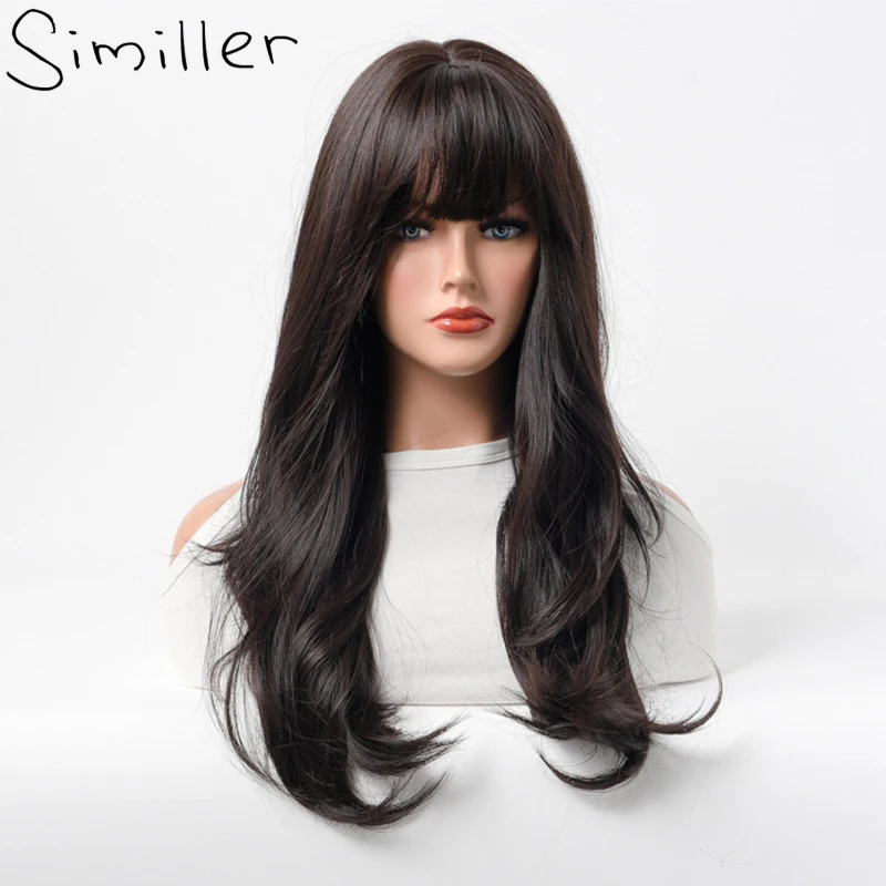 

Similler синтетические парики для женщин длинные большие волнистые волосы термостойкие черные коричневые парики для ежедневного использования с воздушной челкой