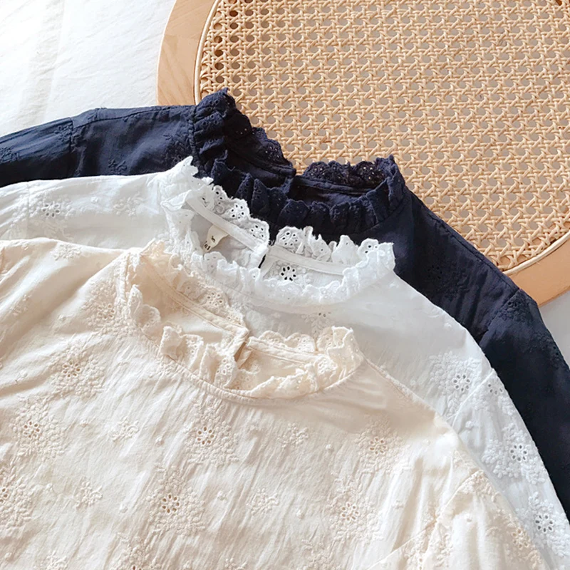 

Spring Autumn Sweet Court Embroidery Blouse Women Clothing Solid Color Ruffled Collar Long Sleeved Female Tops U372