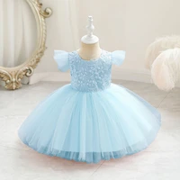 vestidos 2022 new flying sleeves children first birthday dresses for girls evening dress baby girl bowknot mesh party dress 0 5y