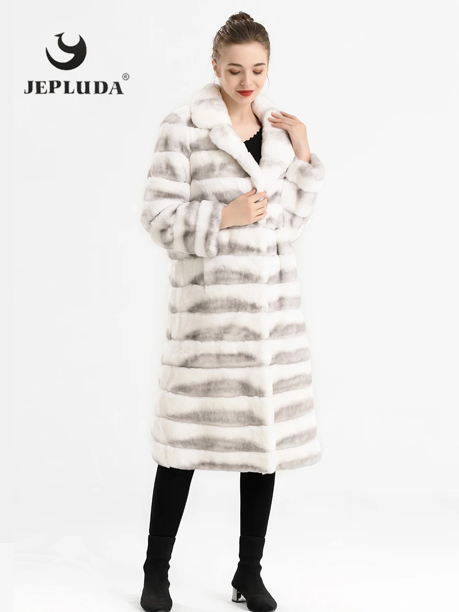 

JEPLUDA Casual Long Real Fur Coat Women Hem Removable New Color Striped Full Pelt Natural Rex Rabbit Fur Winter Jacket For Women