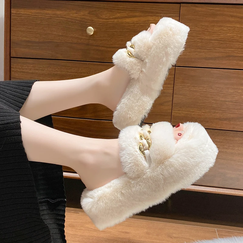 

Plush Women's Slippers Autumn Winter Cotton Shoes Open Toe Warm Fashion Faux Fur Slippers Indoor Home Floor Shoes Zapatos Muje