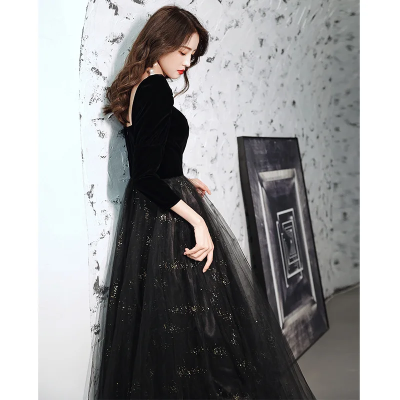 Black banquet evening dress spring long sleeve dress long square neck temperament mesh French annual meeting evening dress