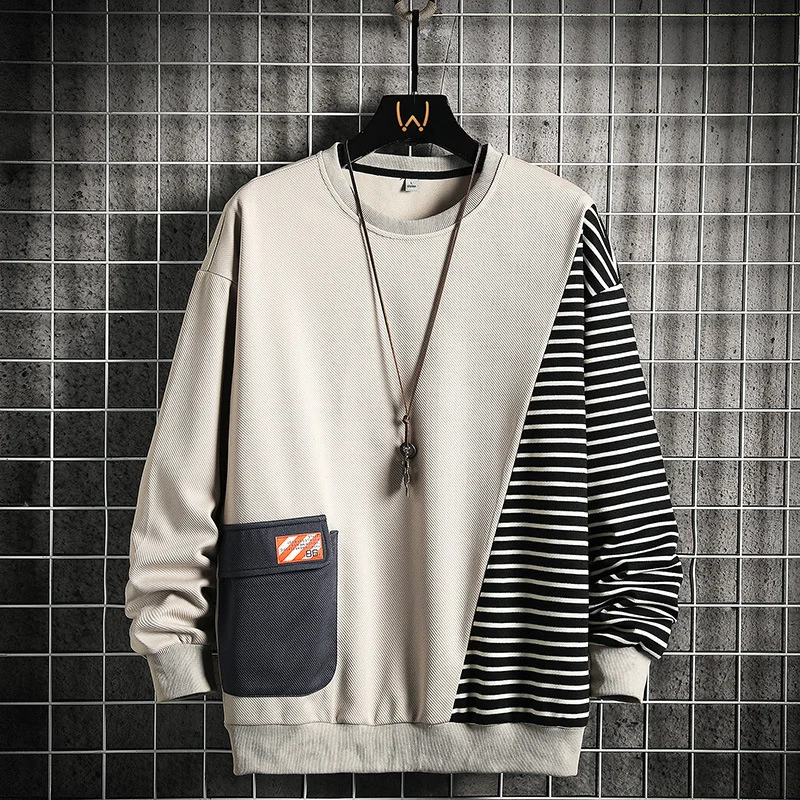 

Толстовка мужская в стиле пэчворк, Свитшот в полоску, уличная одежда, худи в стиле Харадзюку, модная повседневная одежда на осень-весну