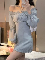 qweek korean bodycon mini dress women elegant off shoulder wrap ruffles fairy short dresses party solid kpop 2022 fashion autumn