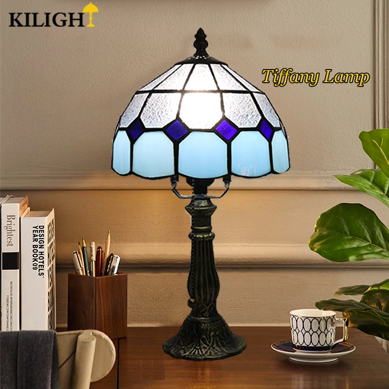 

KiLight 20cm Tiffany Lamp Transparent Blue Squares Table Lamp Glass Gifts Lighting Bedroom Bedside Reading Light Personality E27
