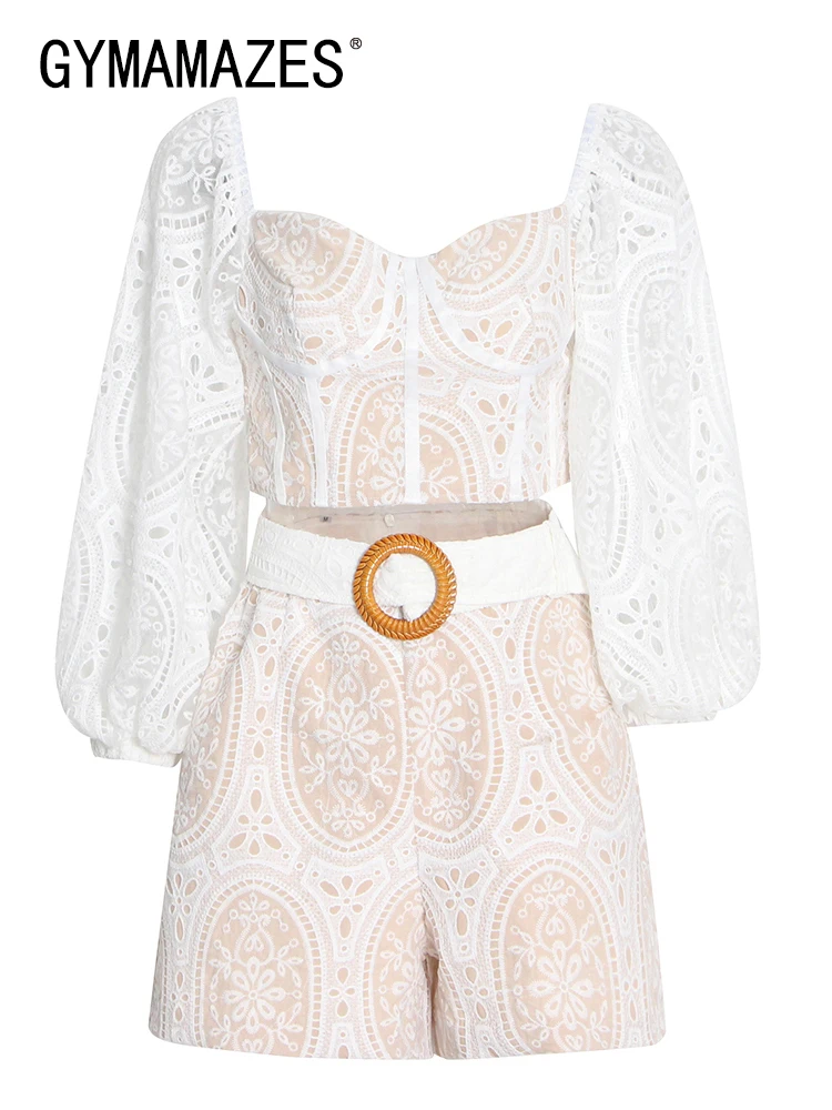 

GYMAMAZES Sexy White Two Piece Set For Women Slash Neck Long Lantern Sleeve Tops High Waist Shorts Female Sets 2022 Clothing New