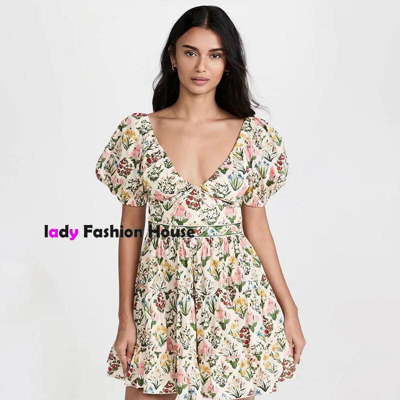 

luxury design retro spring new V-neck short sleeve backless fungus edge print slim dress fashion Short Sleeve Dress mini dress