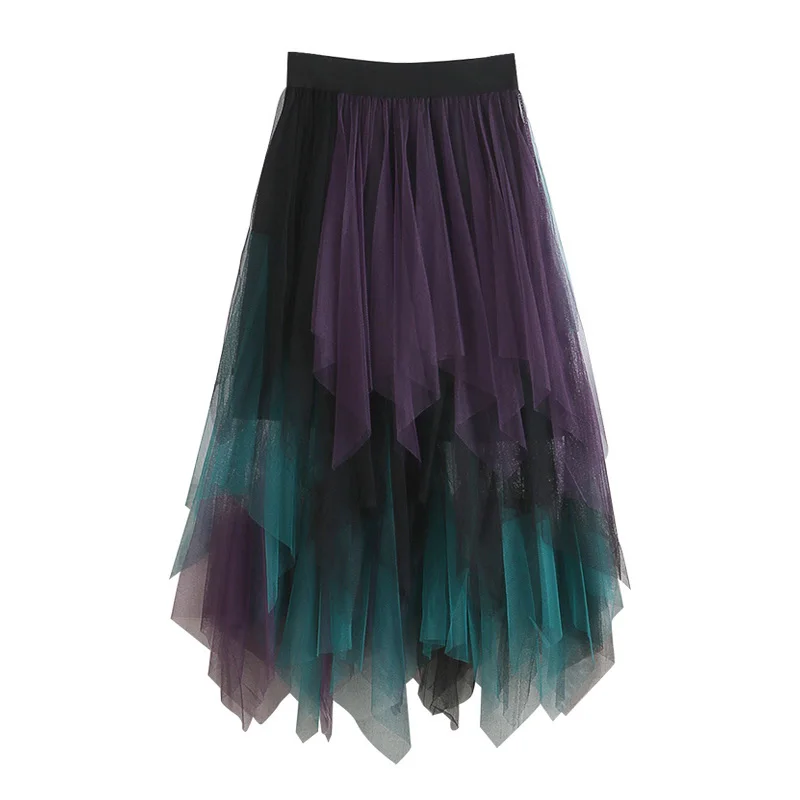 

OHRYIYIE Irregular Patchwork Gradient Color Tulle Skirt Women 2023 Casual High Waist Mesh Cake Skirt Female Long Tutu Skirt Lady