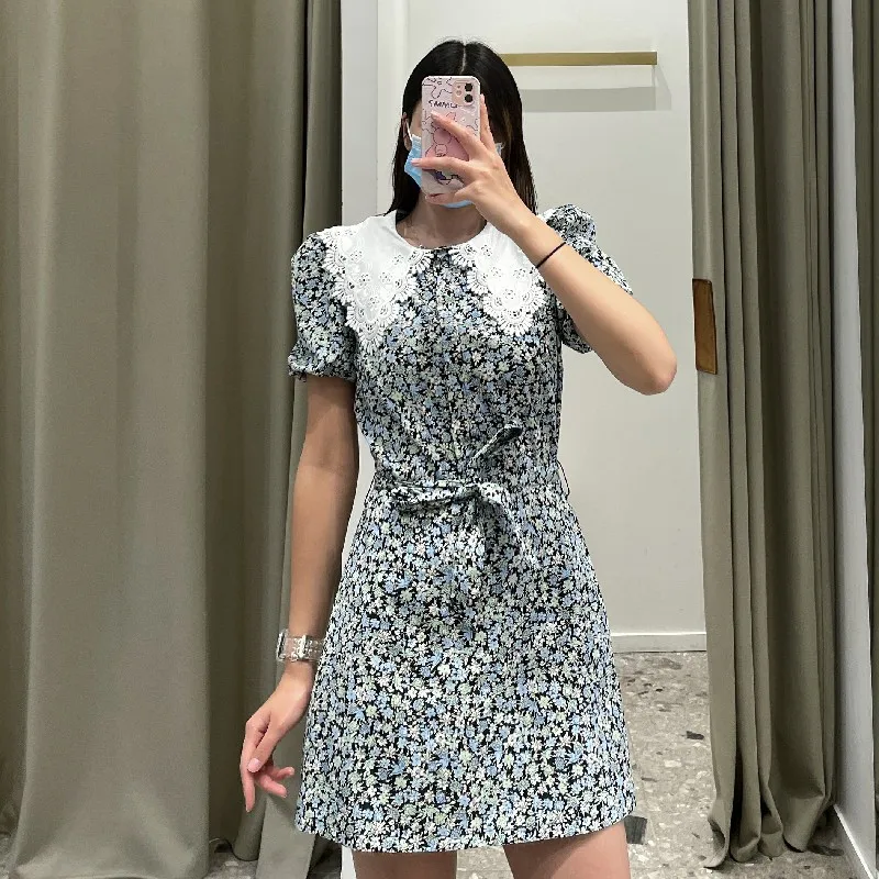 

Lace Peter Pan Collar Short Dress Women Casual Puff Sleeve Floral Print Office Ladies Dresses Summer Mini Vestidos French Brand