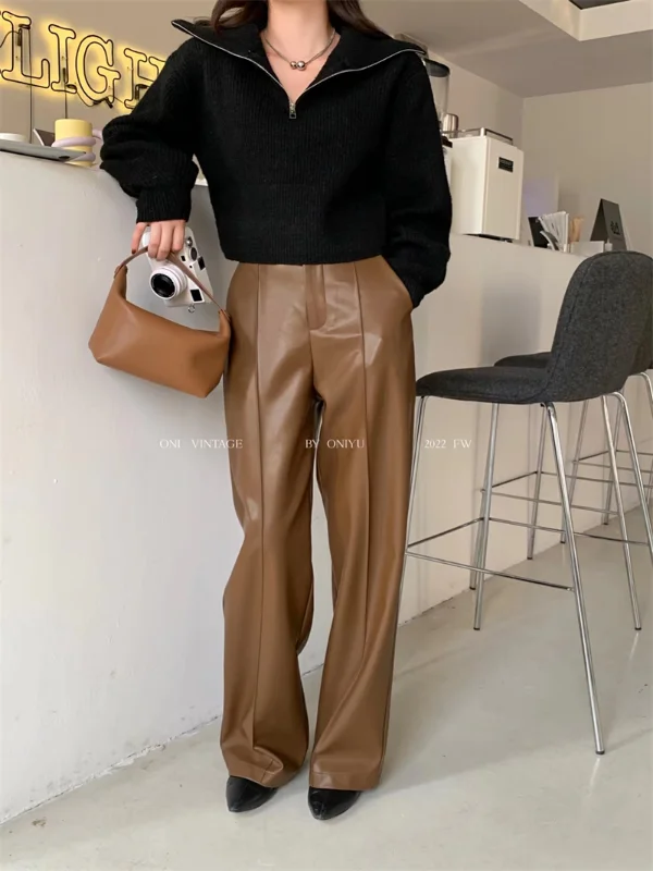 High Waist Pants Korean Fashion Temperament Pu Leather Pants Women Casual Pants Khaki Black Pants Pantalones Mujer