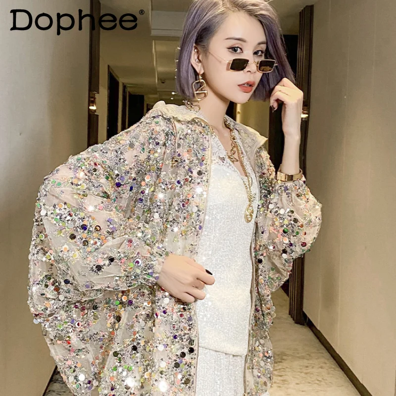 

Женская куртка с блестками, короткая тонкая куртка в стиле хип-хоп с длинным рукавом и капюшоном, лето 2022