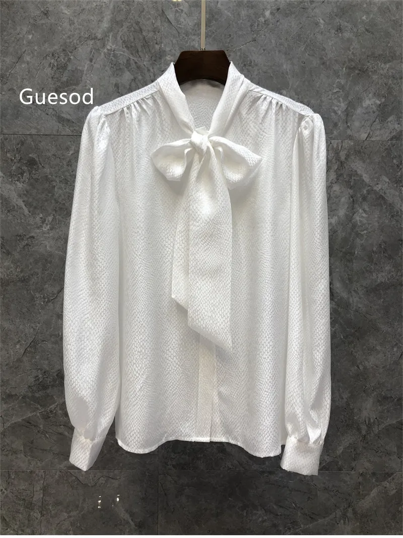 

GUESOD Women Silk Blouse Top Quality Jacquard Silk White Blouse Female Spring OL French Elegant Blouse New