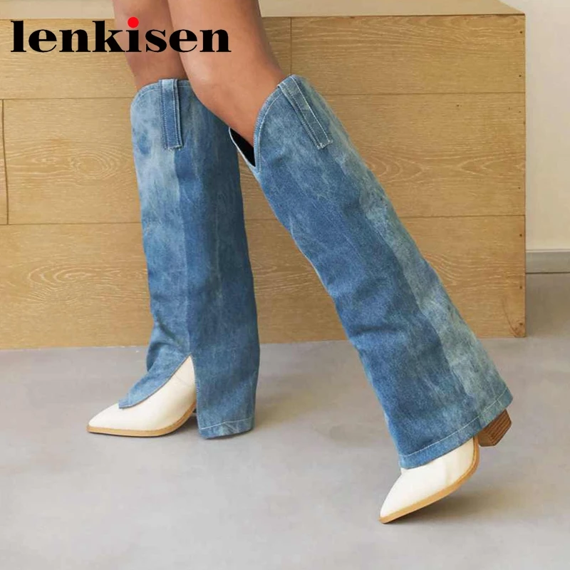 

Lenkisen 2022 Winter New Style Large Size Pointed Toe Super High Heel Denim Young Lady Streetwear Fashion Thigh High Boots L64