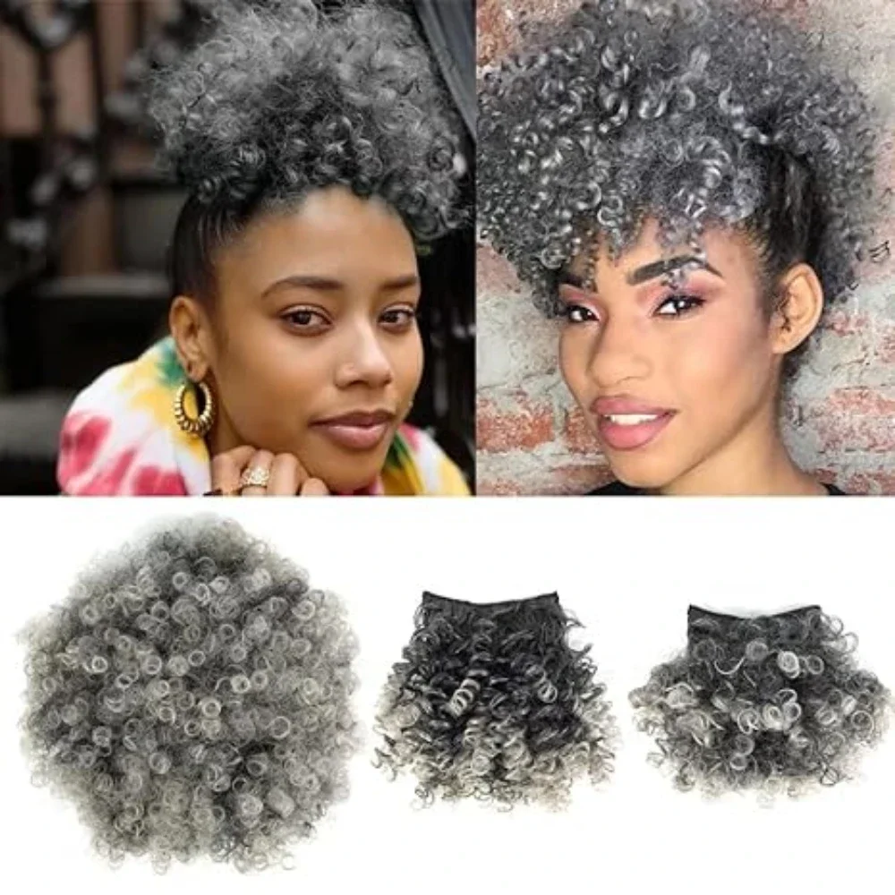 

Gray Afro Puff Drawstring Ponytail with Curly Hair Pieces Clip in Bangs Short Ponytail Hair Extensions drawstring ponytail
