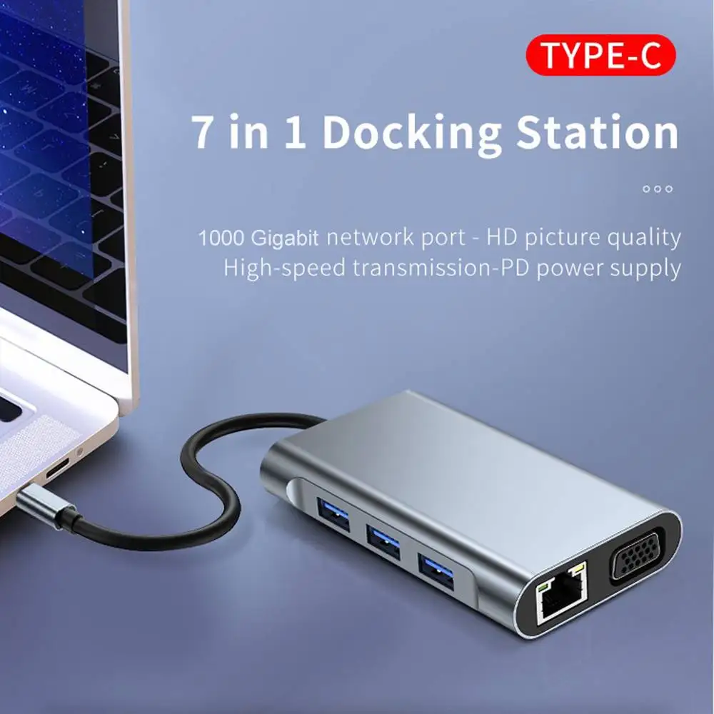 

7 in 1 Type-C Docking Station USB-C Hub Adapter with USB3.0 USB-C PD 87W 4K HDMI-Compatible 1080P VGA RJ45 Gigabit LAN Ethernet