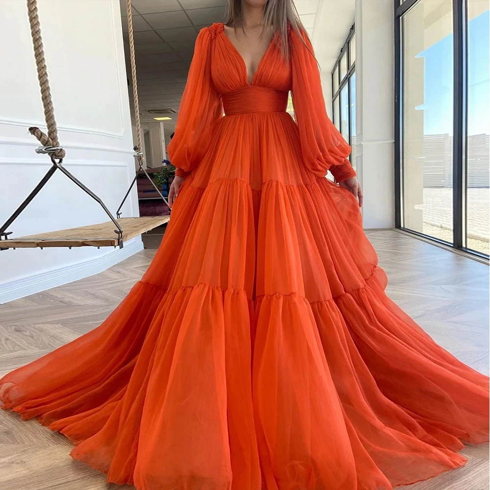 

Шифоновые вечерние платья Sunny Red для выпускного вечера с длинными рукавами-фонариками и V-образным вырезом