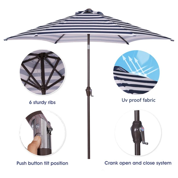 

Outdoor Patio 8.6-Feet Market Table Umbrella with Push Button Tilt and Crank, Blue White Stripes[Umbrella Base is not Included]