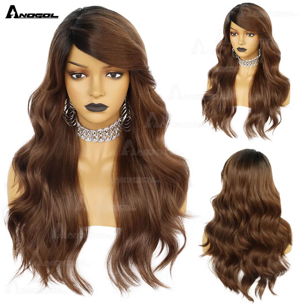 

AN Synthetic 24inch Long Body Wavy Black Red Hair with Inclined Bang Wigs Multi-color Rose Hairnet Cosplay Wig for Black Women