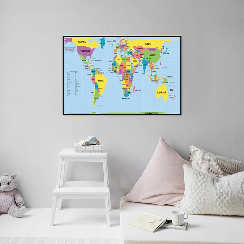 

French Language World Map with Political Distribution Wall Art Pictures Posters and Prints Children School Supplies 90x60cm