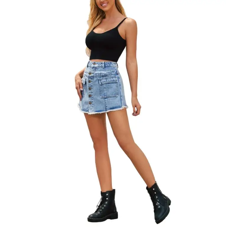 Summer Women 2023 Sexy High Waisted blue Button Shorts Summer streetwear Solid Color Flap Pocket Belt Loop Culottes Adult shorts