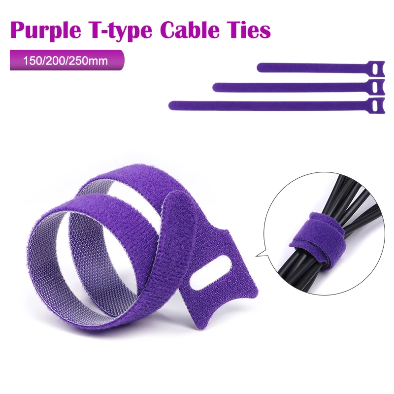 Фиолетовые кабельные стяжки Т-образного типа, пластиковые съемные нейлоновые петли с крючками, пучок на молнии, ремни с застежкой, съемный проводной ремень-органайзер