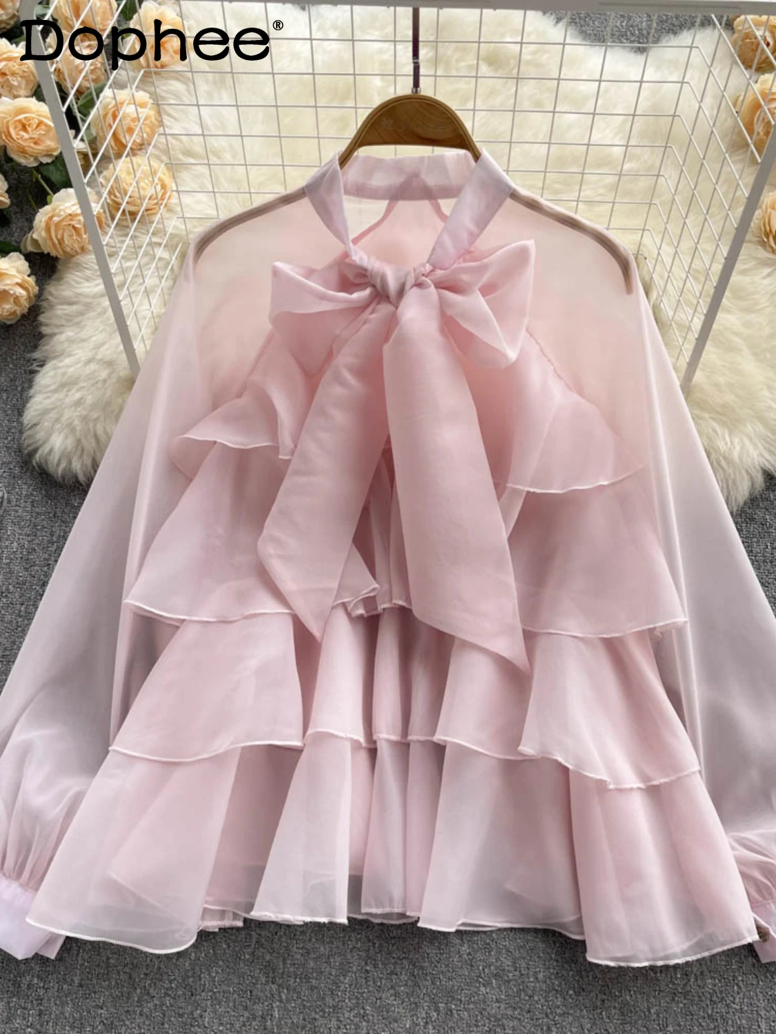 

Elegant Ruffled French Pink Shirt Women Long Sleeve Chic Sweet Bow Chiffon Blouse Top Trendy 2022 New Summer and Autumn Clothes