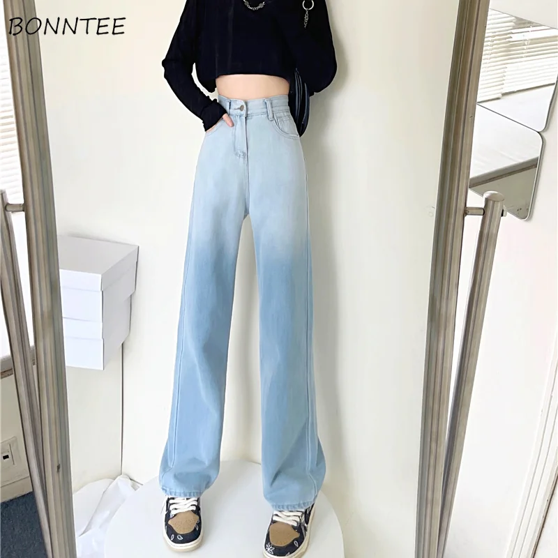 

Jeans Women Trousers High Waist Straight Loose Spring Fashion All-match Gradient Blue Leisure Denim Outerwear Female Streetwear