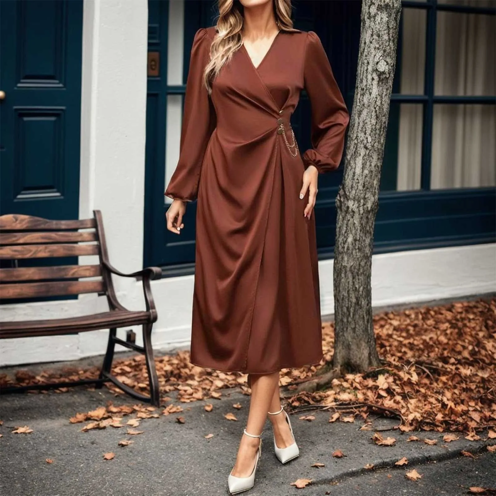 

Women Solid Color Feminine Tunic Dress Satin Muslim Long Dress Clothing Woman Clothes Fashion Fall
