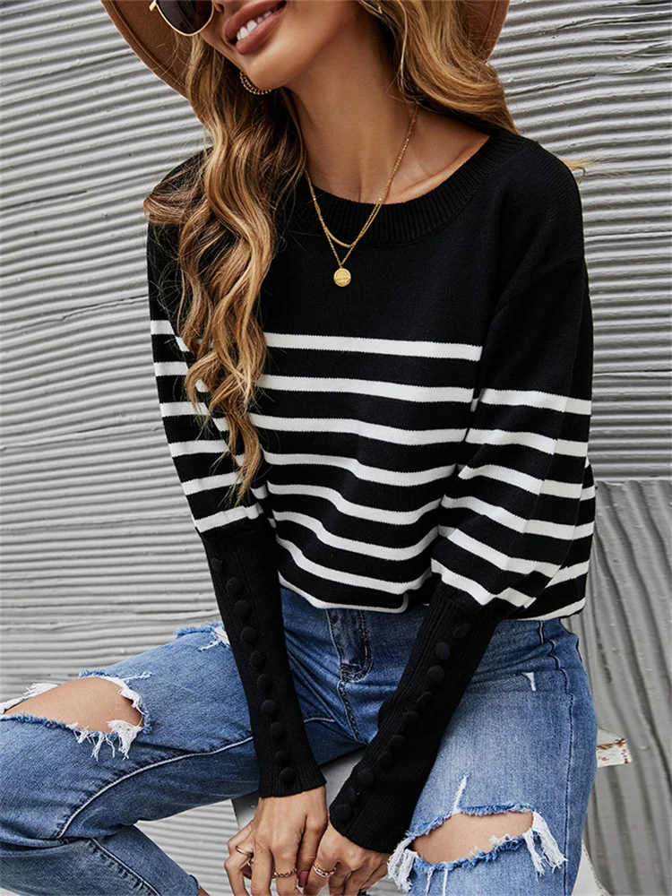 

Autumn Winter New O-Neck Knit Pullover Black Thread Cuff Casual Long Sleeve Top Sweaters with Button Stripe Sweater for Women