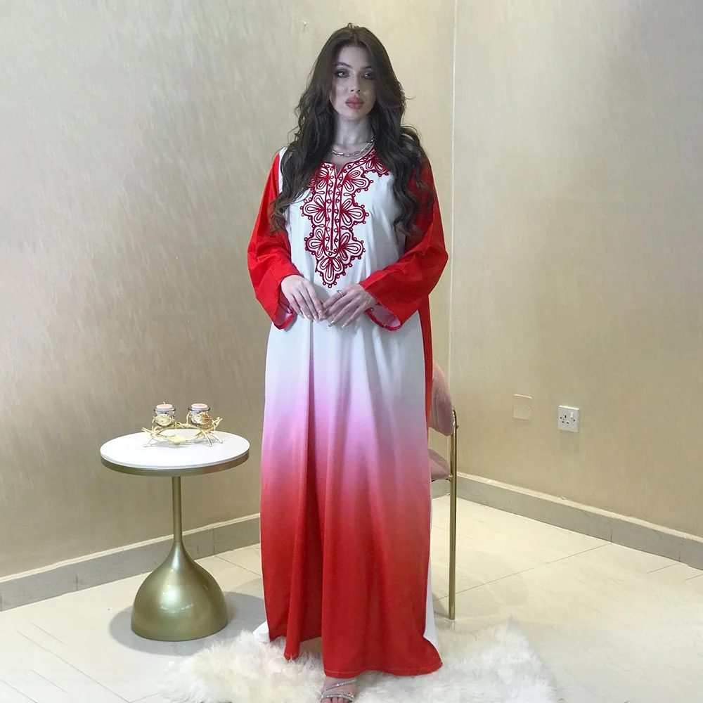 

Kaftan Abaya Women Robe Muslin Dubai Islamic Arabic Autumn Embroidered Gown Gradient Printed Dress Turkey Female Clothing