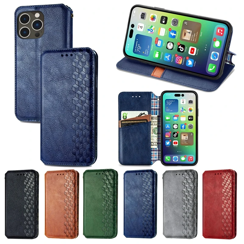 for iPhone 14 13 12 11 Pro Max Mini XR XS MAX X 6 7 8 Lattice PU Leather Flip Wallet Magnetic Closure Phone Case Cover