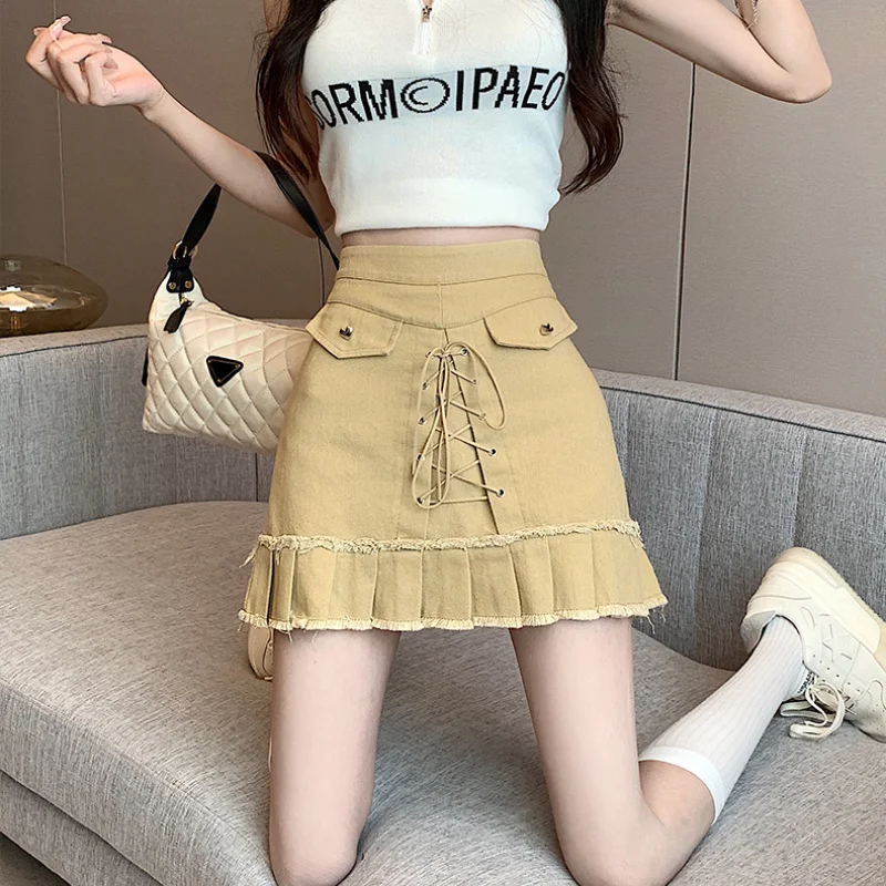 

Y2k Lace-up Denim Skirt Women Korean Style High-waisted Ruffles Mini Skirts Summer Kawaii Solid Color A-line Faldas Mujer 2023