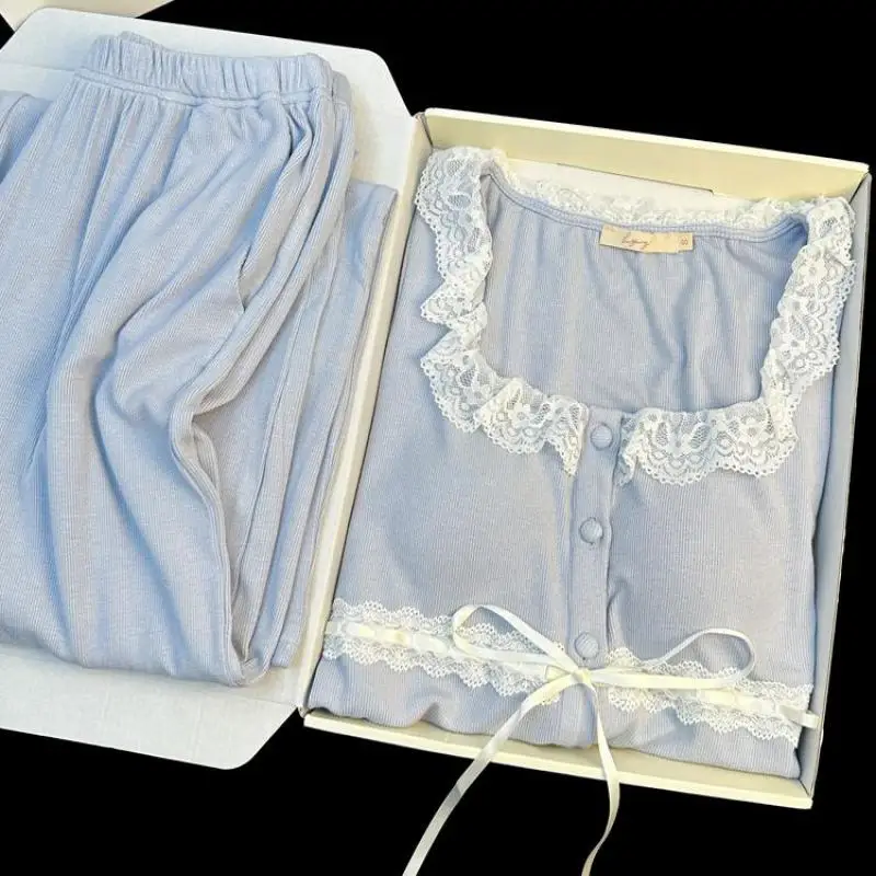 

Голубая хлопковая Пижама для женщин на осень и зиму во французском стиле кружевная Милая верхняя одежда с длинным рукавом домашний костюм