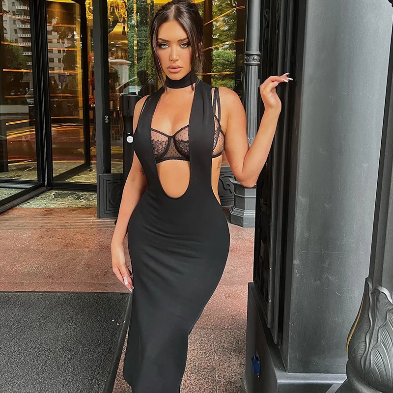 Fashion Black Halter Cut Out Hight Waist Split Long Dress Women Club Party Hot Sexy Backless Maxi Dresses Clothes