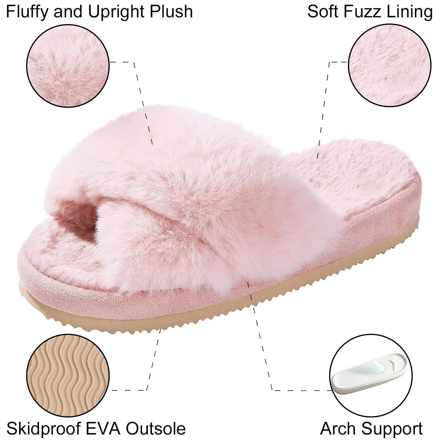 Litfun Fashion indoor Women Furry Slippers Summer Cross Fluffy Fur Home Slides Thick Sole Indoor Floor Shoes Ladies Flip Flops