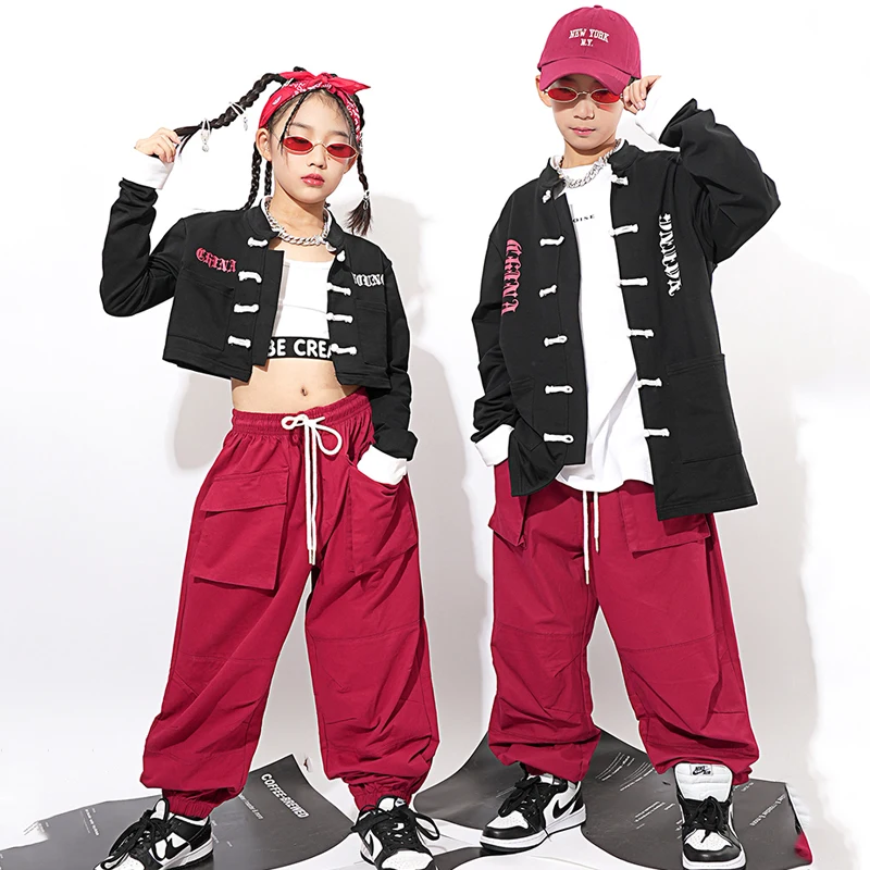 

Детские танцевальные костюмы в стиле хип-хоп, свободный черный кардиган, рубашки, красные брюки, костюм в китайском стиле, одежда для джазовых танцев и представлений DQS11554